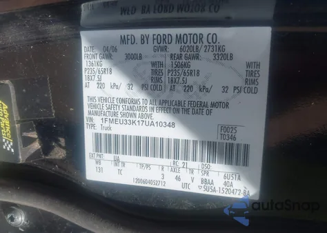 2007 Ford Explorer Sport Trac Limited z USA, uszkodzony, nr VIN 1FMEU33K17UA10348